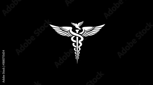 White Caduceus symbol on a black background, representing medicine, healthcare, and health services. Generic medical icon.