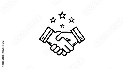 Business handshake icon with stars, symbolizing successful agreement, partnership, trust, collaboration, deal, quality service, and cooperation.