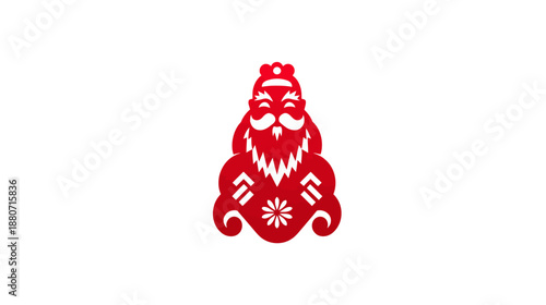 Red Chinese paper cut illustration of a smiling prosperity god, Asian mythological figure with beard and hat, isolated vector art.