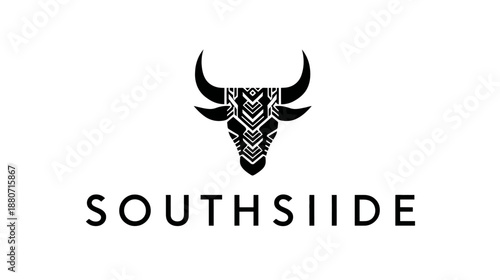 Powerful black and white graphic illustration of a bull's head with intricate tribal patterns, symbolizing strength, masculinity, and determination.