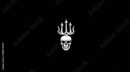 Metallic Silver Skull with Trident Symbol on Black Background. Dark Fantasy Icon, Esoteric Emblem, Mythological Design Element.
