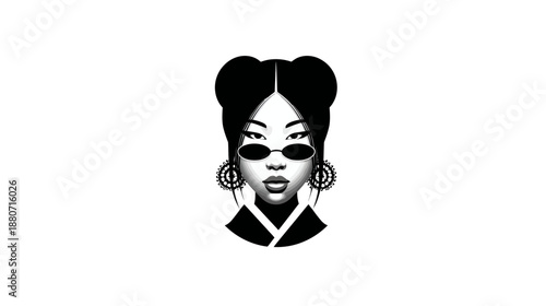 Stylish young woman illustration with space buns, sunglasses, and large earrings. Modern black and white vector art portrait.
