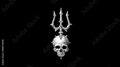 Vintage Engraved Skull with Spikes and Trident Illustration on Black Background, Dark Gothic Fantasy Symbol of Power and Death