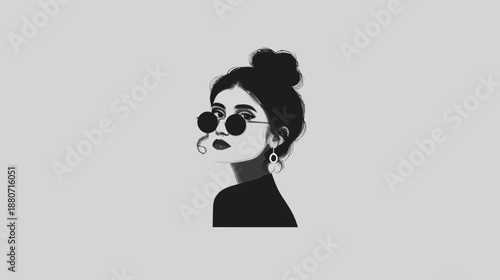 Minimalist grayscale portrait of a fashionable young woman wearing round sunglasses