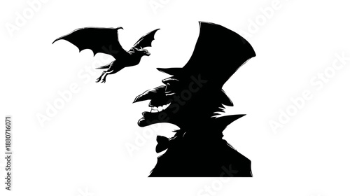 Dark silhouette of a grotesque creature profile and flying bat. Spooky monster for Halloween, horror, and fantasy designs.