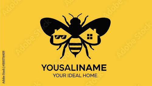 Creative bee and house logo on yellow background, symbolizing ideal home, real estate, property search, and housing business concept.