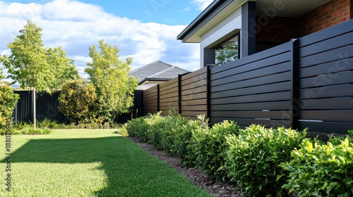 Modern dark fence in suburban backyard with manicured lawn and greenery