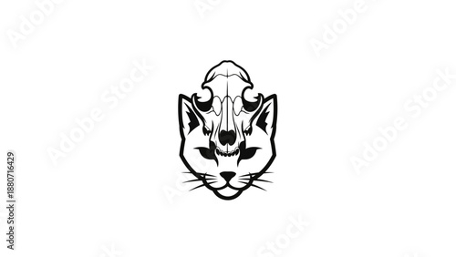 Stylized black and white illustration of a cat head with an animal skull on top, mysterious and gothic design element