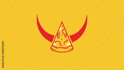 Modern graphic illustration of a delicious pizza slice with cheese and pepperoni, accented by red curving shapes on a vibrant yellow background.