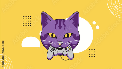 Cute purple cat head holding a game controller in its mouth on a vibrant yellow background. Fun cartoon illustration for gaming and pet themes.