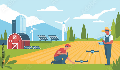 Modern smart farm illustration with farmers using drones wind turbines and solar panels for agriculture