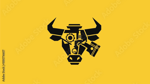 Abstract Bull Head Logo with Mechanical Engine Parts and Gears on Yellow Background - Automotive Engineering Symbol