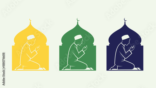 Multicolor Prayer Silhouettes Vector in Mosque Frames – Islamic Worship, Spiritual Devotion, Ramadan and Eid Unity Illustration for Religious Design and Cultural Themes
