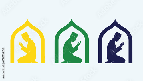 Multicolor Prayer Silhouettes Vector in Mosque Frames – Islamic Worship, Spiritual Devotion, Ramadan and Eid Unity Illustration for Religious Design and Cultural Themes