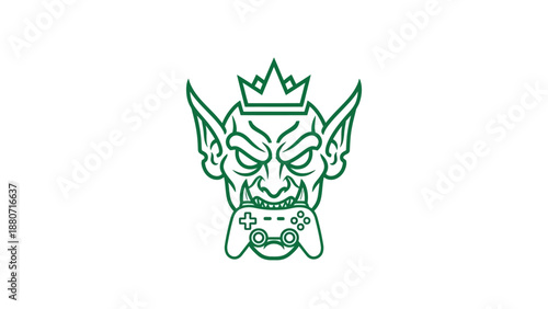 Stylized Green Fantasy Creature Gamer Head Mascot with Crown and Video Game Controller Line Art Illustration
