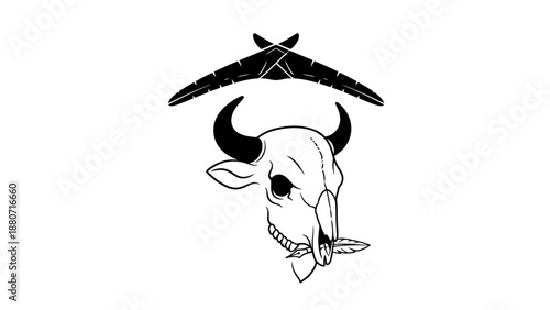 Black and white illustration of a hang glider soaring above a bull head with horns and a feather, symbolizing adventure and freedom.