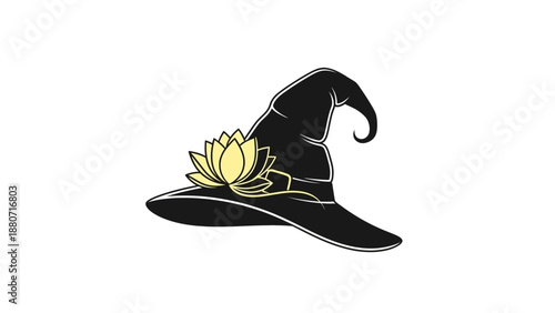 Elegant Black Witch Hat Illustration with Yellow Lotus Flower. Mystical, Spiritual, and Magical Halloween Accessory