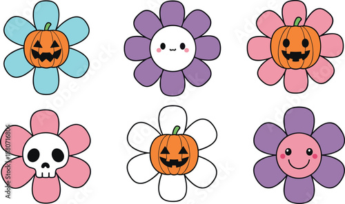Cute Halloween flower illustration set with pumpkin faces skull and smiling blossoms, playful spooky floral characters collection for kids party decorations and seasonal flat vector designs