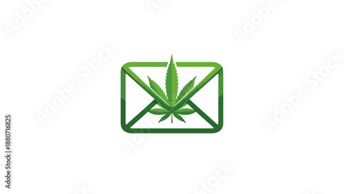 Green cannabis leaf inside an envelope icon, symbolizing marijuana delivery, herbal communication, medical cannabis email, or natural plant business.