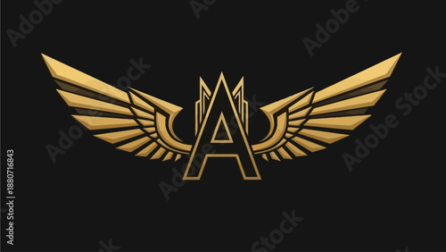 Golden winged emblem with elegant letter A design, luxury vintage badge, heraldic symbol of success and achievement