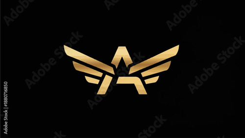 Elegant golden letter A emblem with spread wings on a black background, metallic abstract design, luxury branding concept
