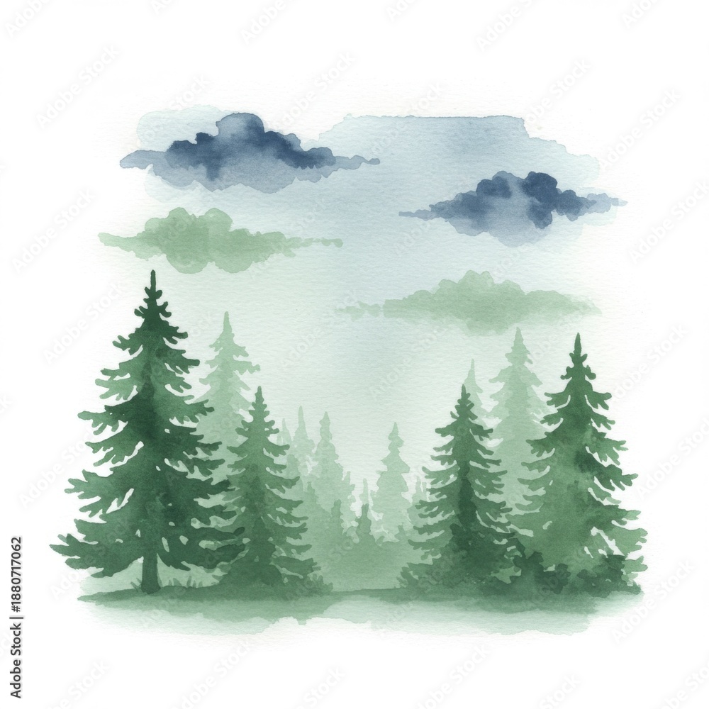 Fototapeta premium Watercolor Green Pine Trees in a Forest with Overcast Skies Illustration