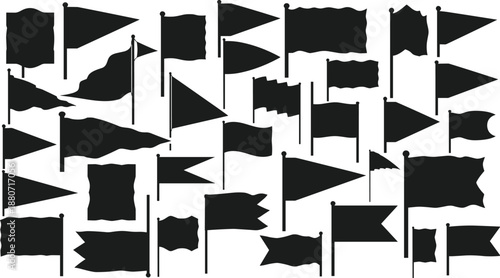 Flag silhouettes collection waving banners pennants isolated black vector design elements illustration set