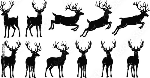 Deer stag silhouettes collection wild animals isolated black vector forest wildlife illustration set