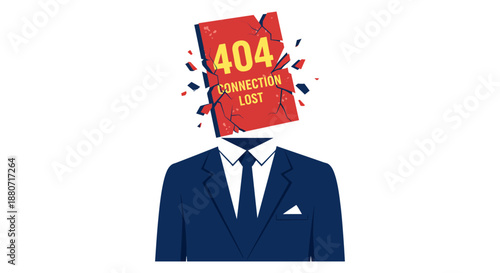 404 error connection lost illustration of a businessman with a broken screen head representing internet network problems digital disruption and professional frustration.