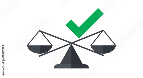 balanced justice scales with green checkmark icon representing fairness equality and verified approval for legal business and ethical decision-making processes.