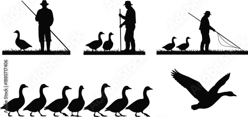 Goose herder silhouettes collection rural farmer birds isolated black vector countryside wildlife illustration set