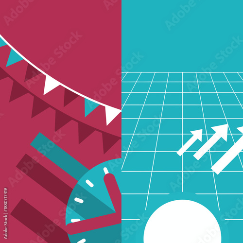 business growth strategy illustrated with festive event planning elements and a time management clock showing consistent upward progress