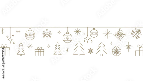 christmas winter line art pattern border with festive ornaments snowflakes gift boxes and trees on white ideal for holiday designs.
