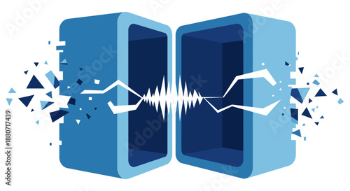digital disruption concept shows blue modules an energetic wave and fragments symbolizing data flow and innovation.