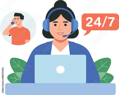 Female customer support representative with headset and laptop providing twenty four seven global help service