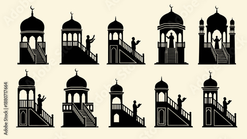 Islamic Minaret Silhouettes Vector – Eight Black Mosque and Adhan Icons Featuring Call to Prayer Platforms, Domes, and Staircase Architecture for Religious, Cultural, and Educational Design