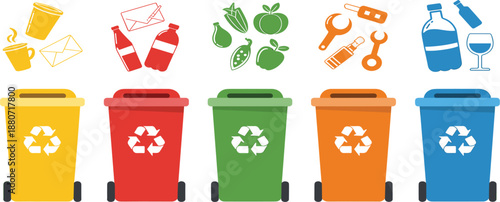 Colorful recycling bins for waste segregation set with plastic paper glass organic and metal icons