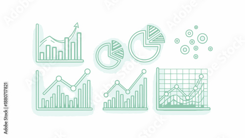 Set of various green data charts and graphs illustrating business statistics and analytics.