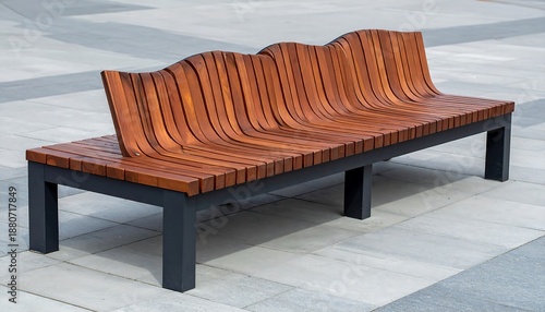 A modern outdoor bench with a unique wave-shaped backrest made of wooden slats, set on a dark metal frame, positioned on stone pavers