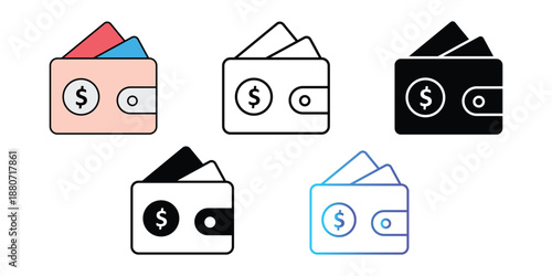 Set of 5 Wallet Icons Vector with Money and Cards isolated on Transparent Background
