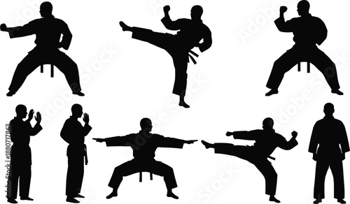 Karate martial arts silhouettes collection fighters poses isolated black vector combat sport illustration set