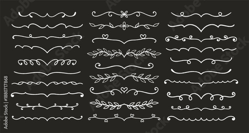Flourish and dividers crayon drawn set. White pencil drawings. Doodle chalk decorative lines, underline, strikethrough, twigs with leaves. Hand drawn symbols on black bg. Vector illustration
