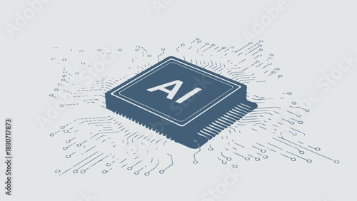 Artificial intelligence microchip with digital data connections representing advanced technology and computing.