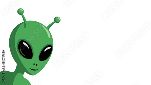 Green alien peeking from the left side with large black eyes and antennae
