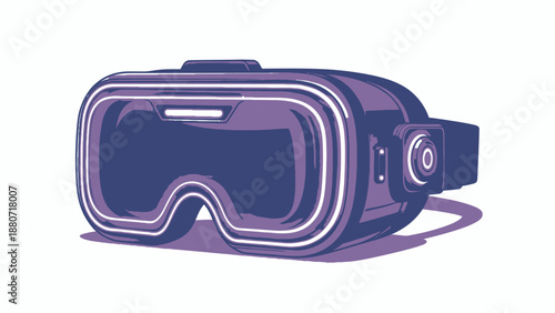 Detailed illustration of a modern virtual reality headset with reflective lenses and adjustable straps.