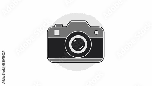 Vintage black and white camera icon with shadow on white background.