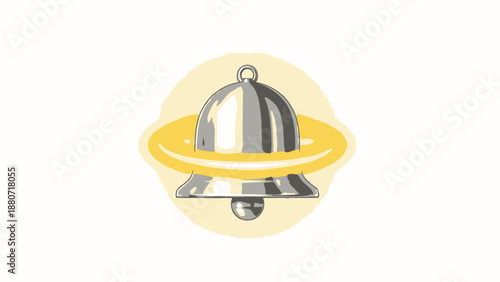 Silver cloche serving dish with yellow plate and shadow illustration.