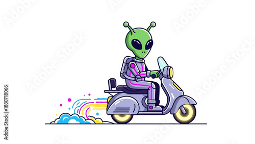 Green alien riding a scooter with colorful trails