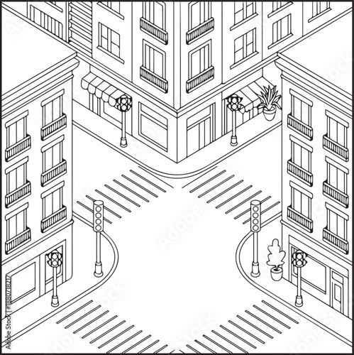 City building with beautiful scenery coloring page for kids, black line art vector illustration for relaxing coloring book design