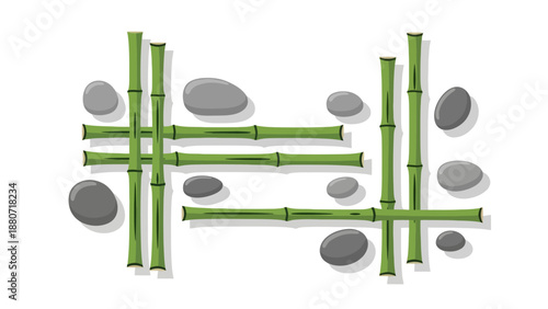Green bamboo stalks and gray stones arranged on a white background